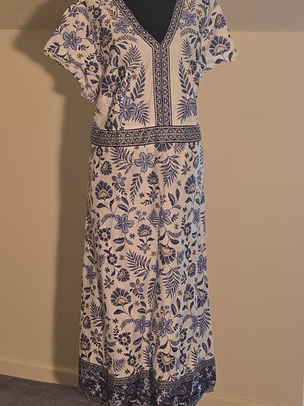 J. Jill White Maxi Dress with Blue Floral Print